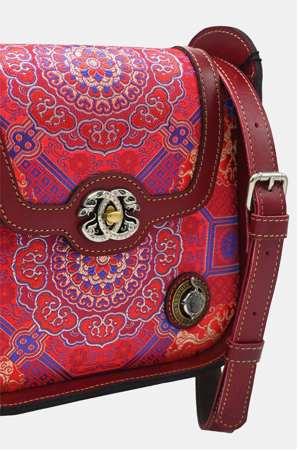 Silk Detailed Red Leather Bag