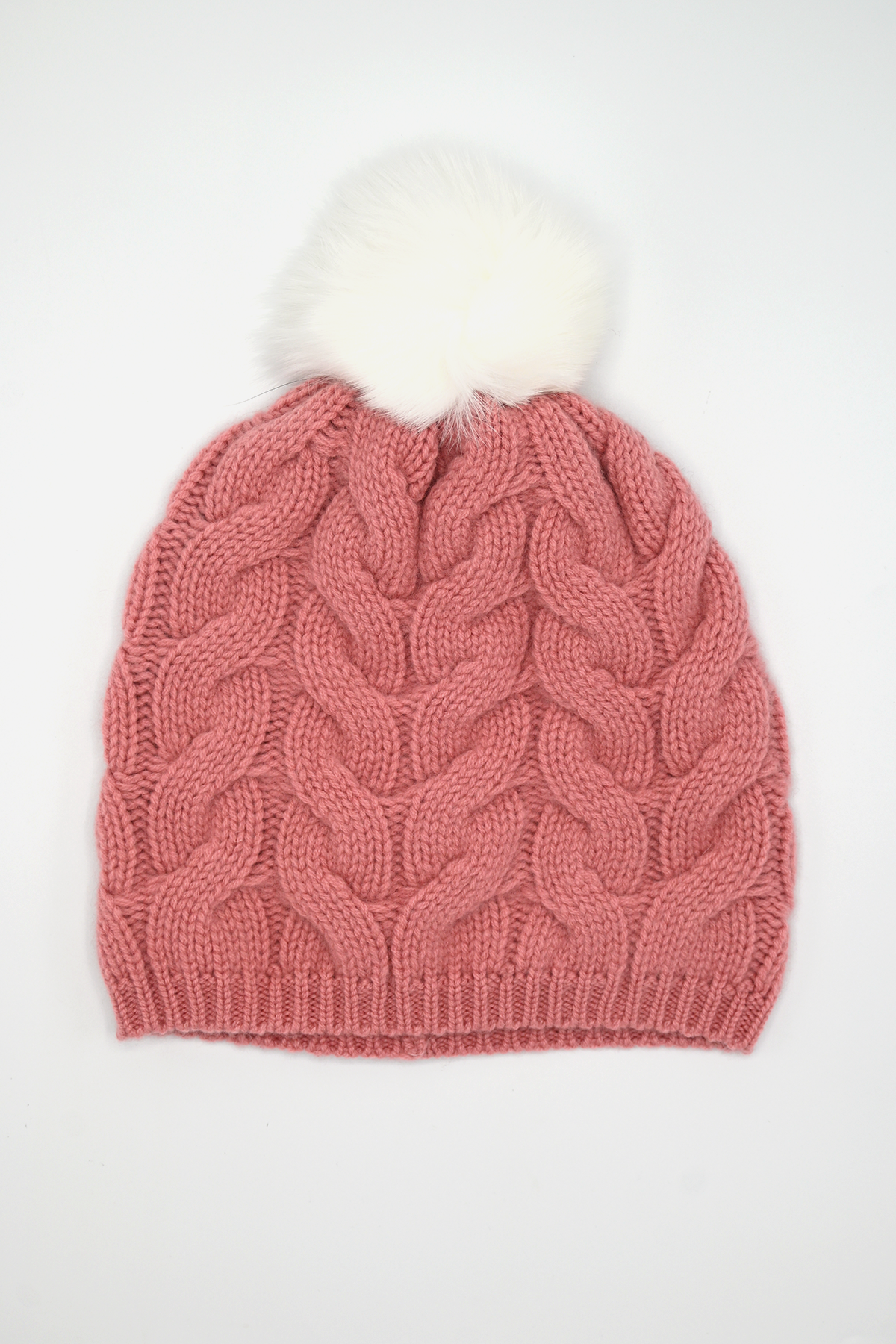 Braid Knit Cashmere Hat with Pon Pon