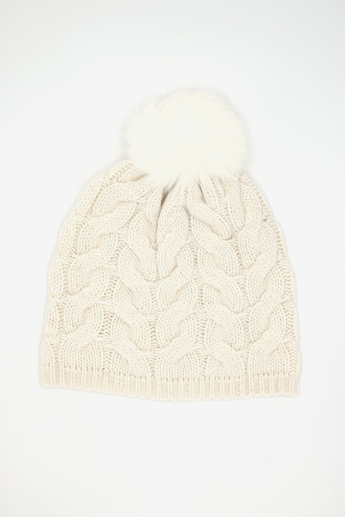 Braid Knit Cashmere Hat with Pon Pon