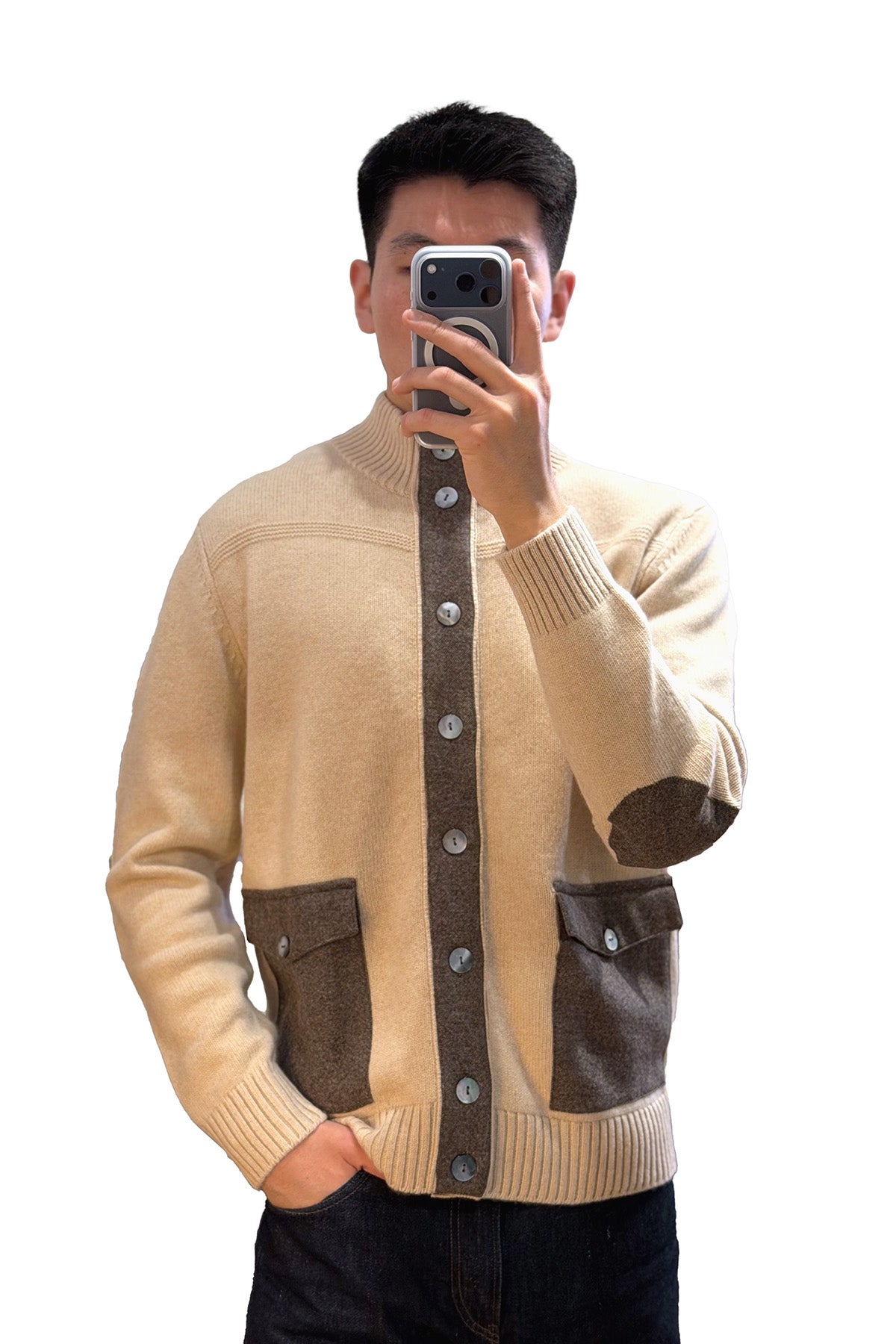 Beige Cashmere Buttondown with Suede Detail