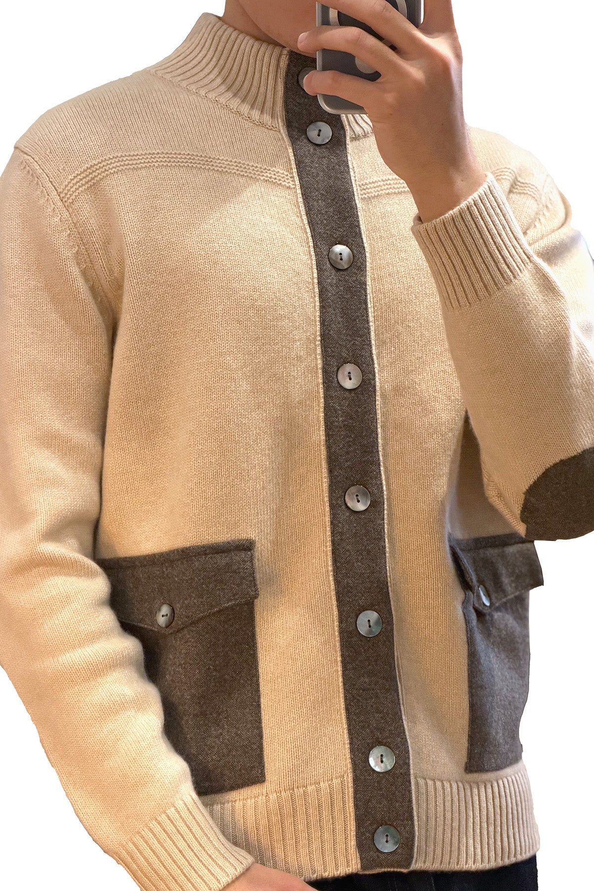 Beige Cashmere Buttondown with Suede Detail