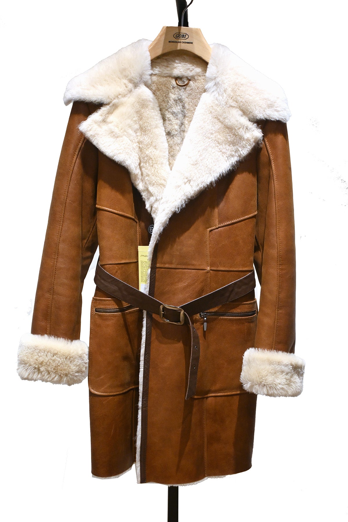 Brown Belted Shearling Coat