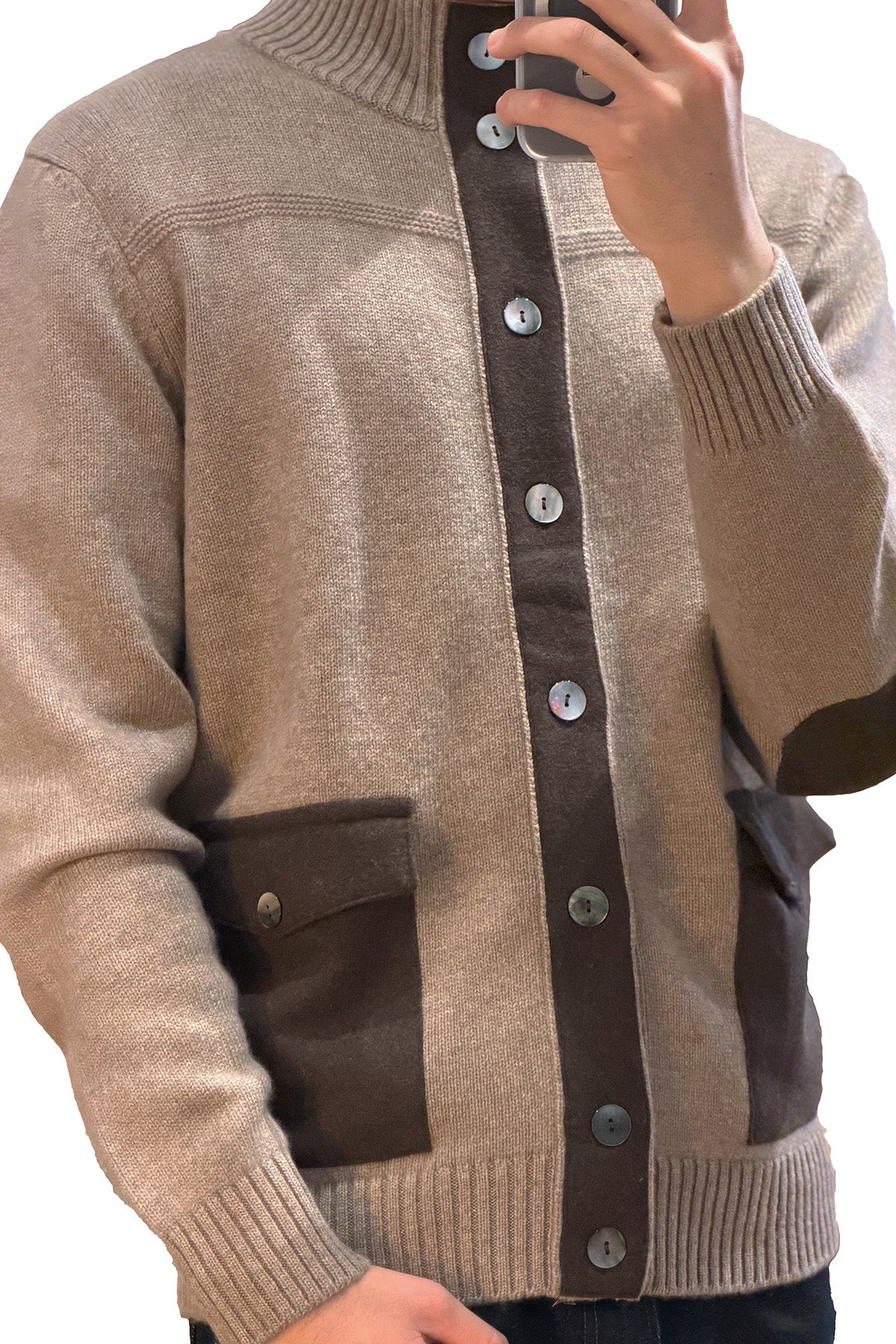 Brown Cashmere Buttondown with Suede Detail