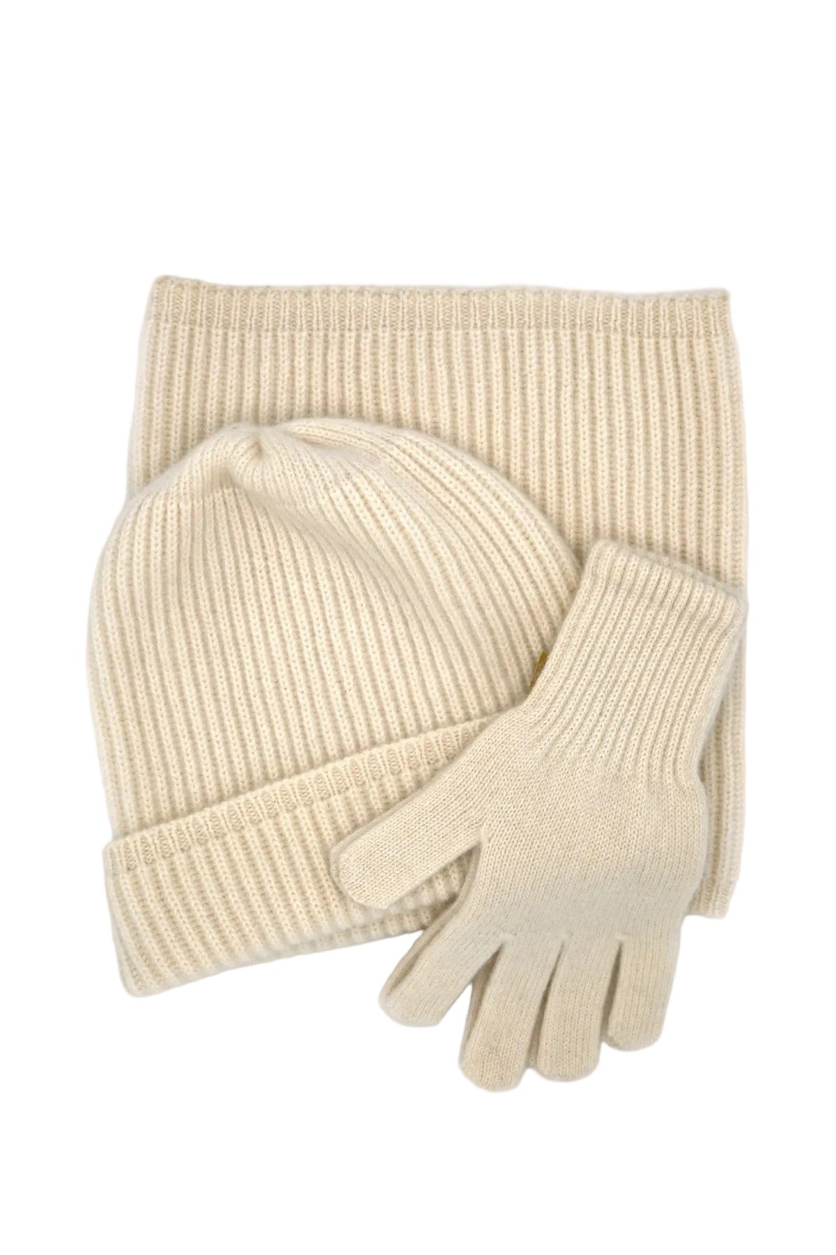 Ivory knit cashemre hat, scarf, gloves set