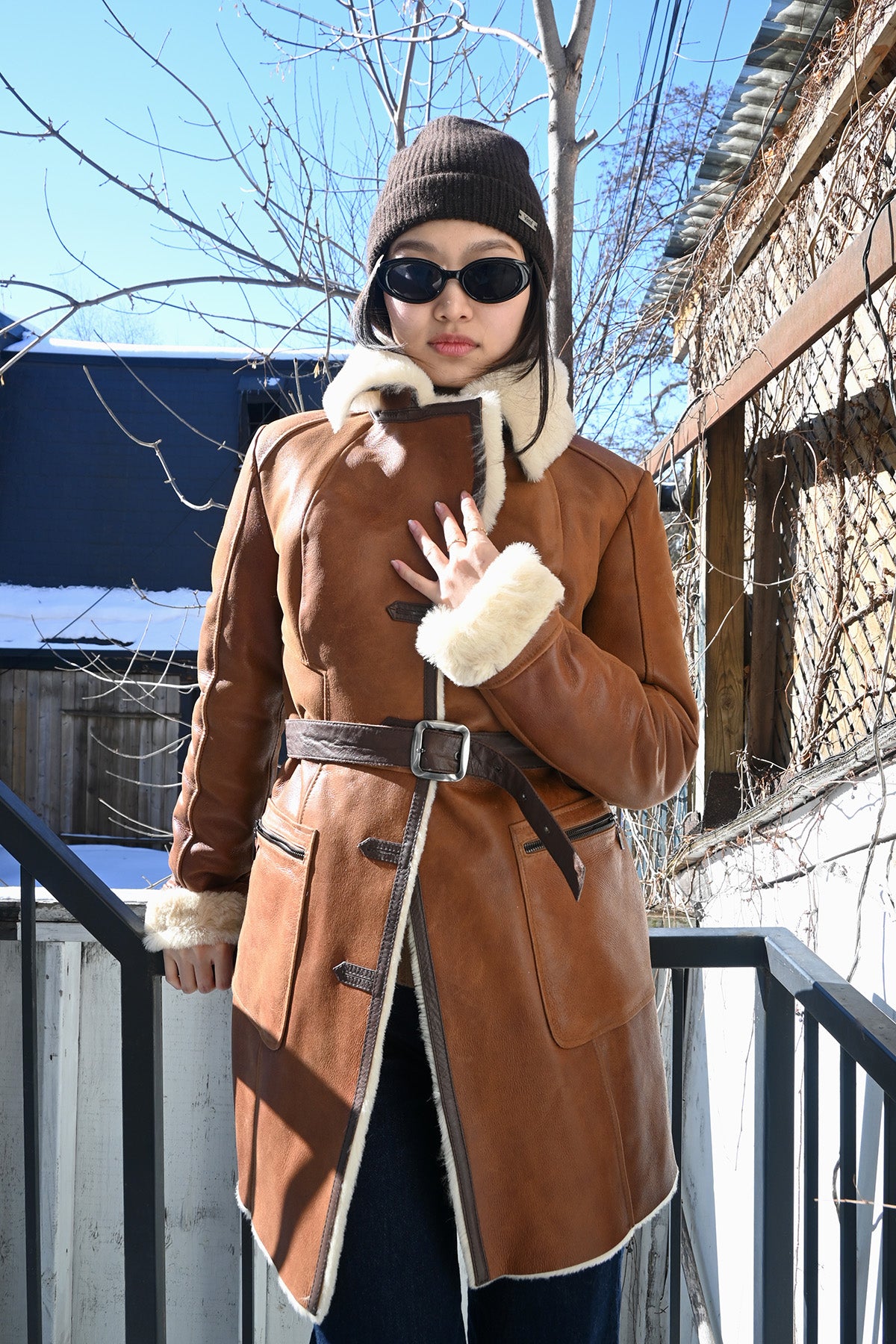 Brown Belted Shearling Coat