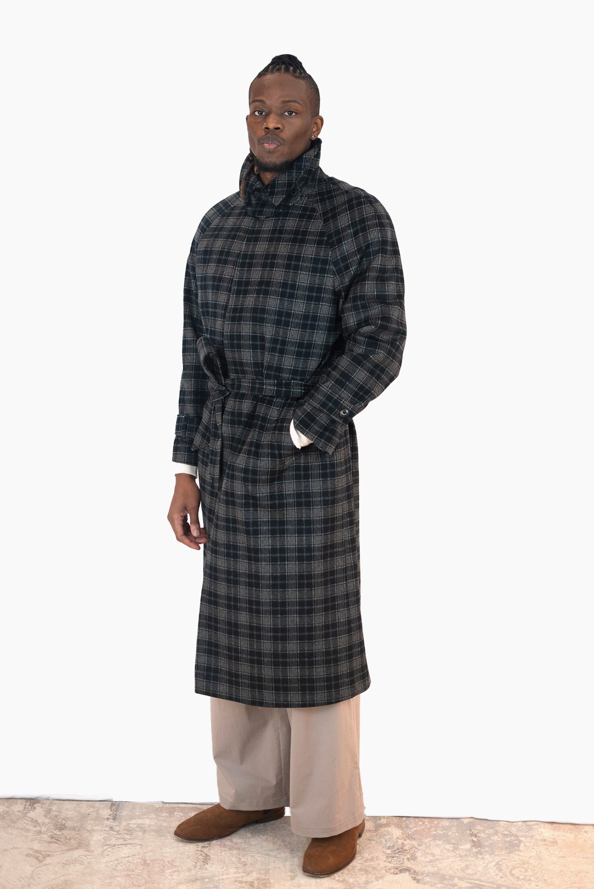 Unisex Navy Checkered Patterned Cashmere Coat