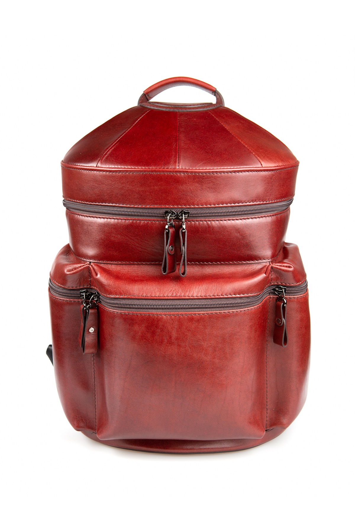 A genuine leather backpack seen from the front view