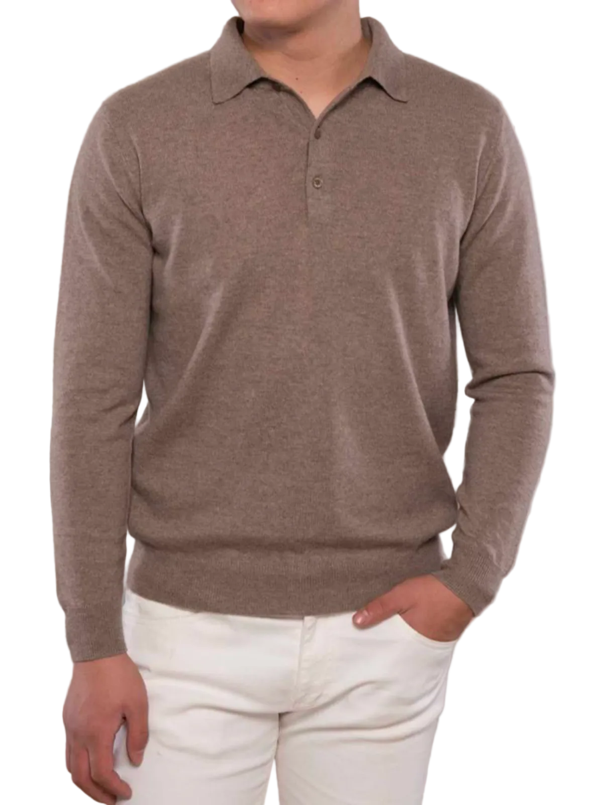 A man wearing a navy-colored, tight-knit cashmere polo sweater with half button-down front, paired with white trousers.