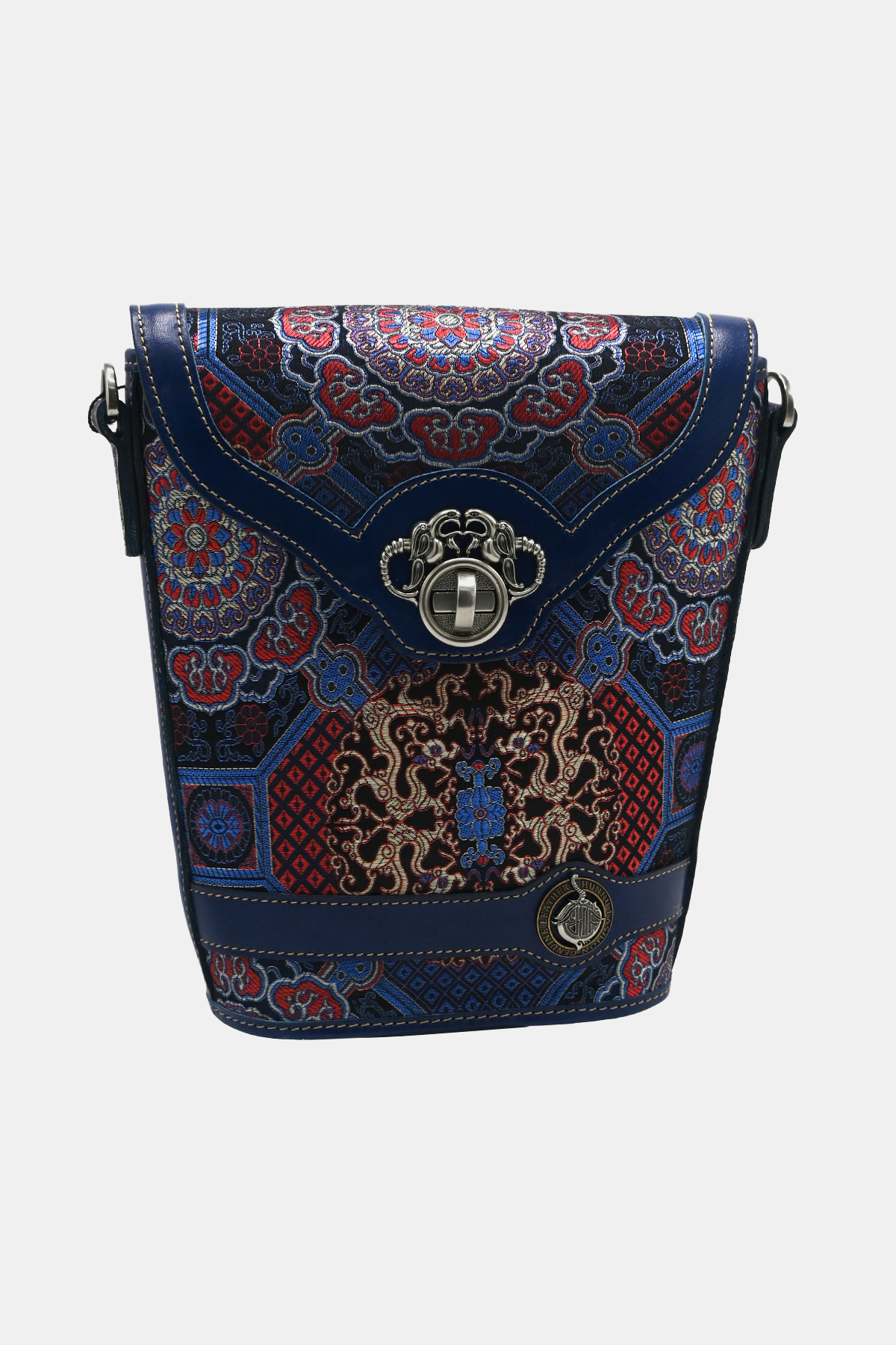 Silk Detailed Navy Leather Bucket bag