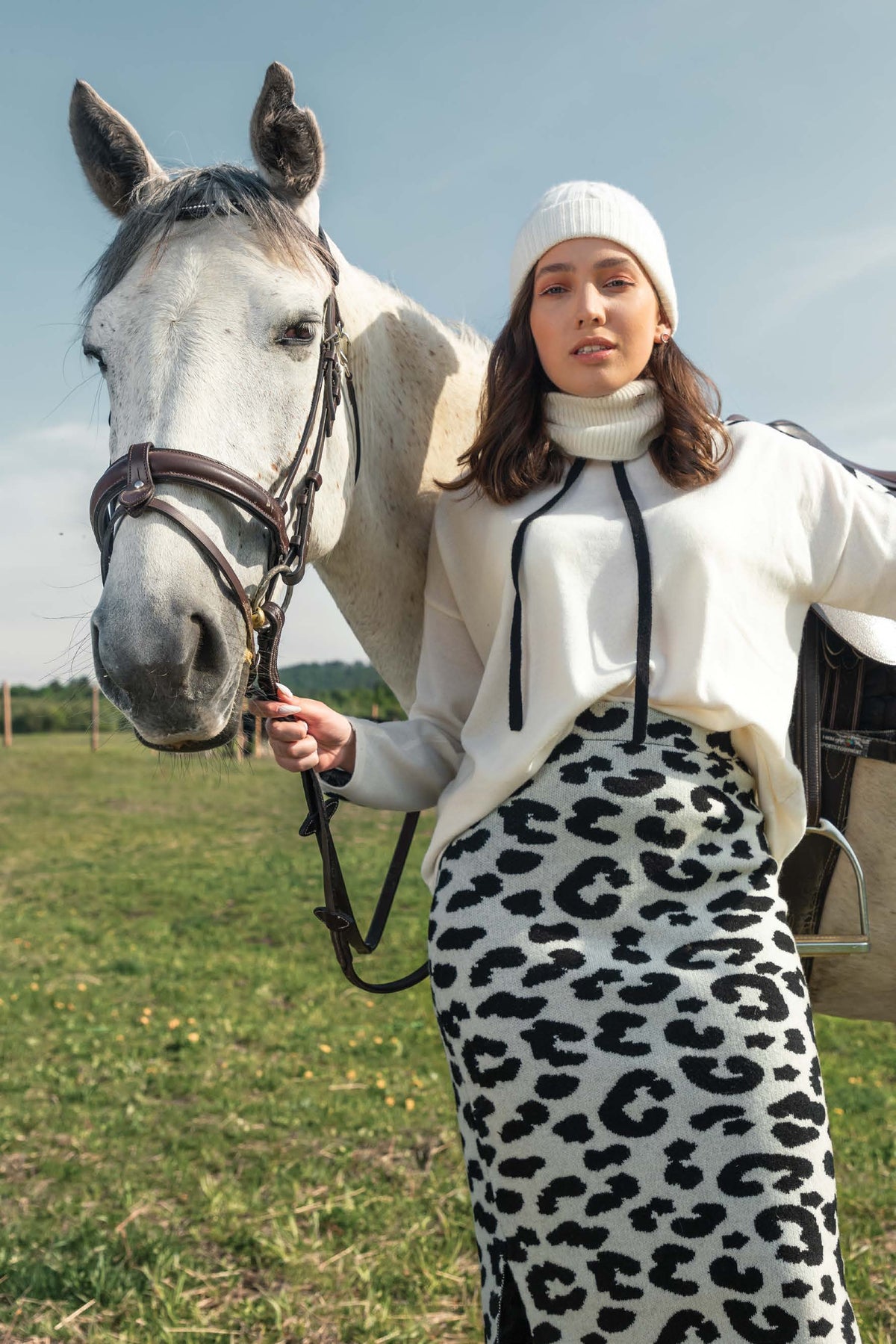Cashmere Pencil Skirt with Cow Print
