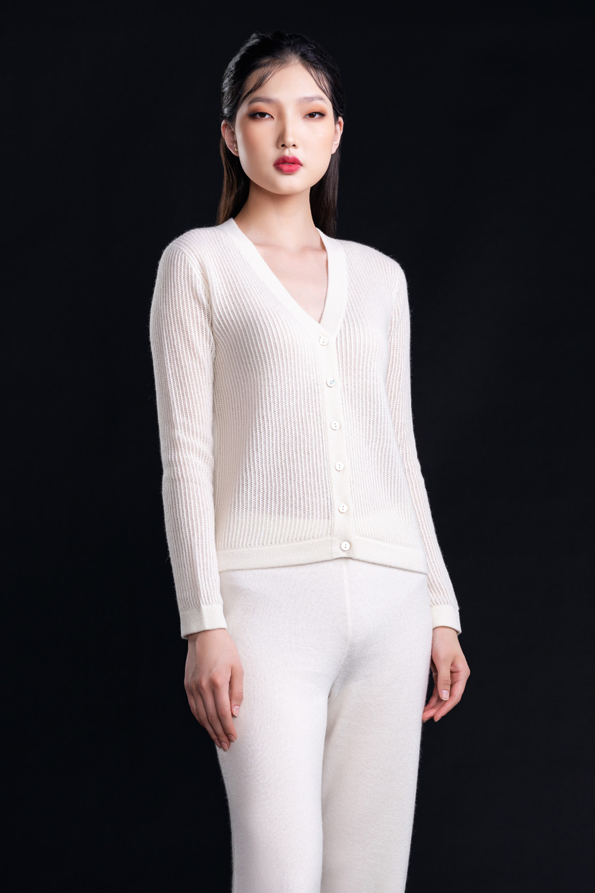 Open Knit Button-down Cashmere Cardigan