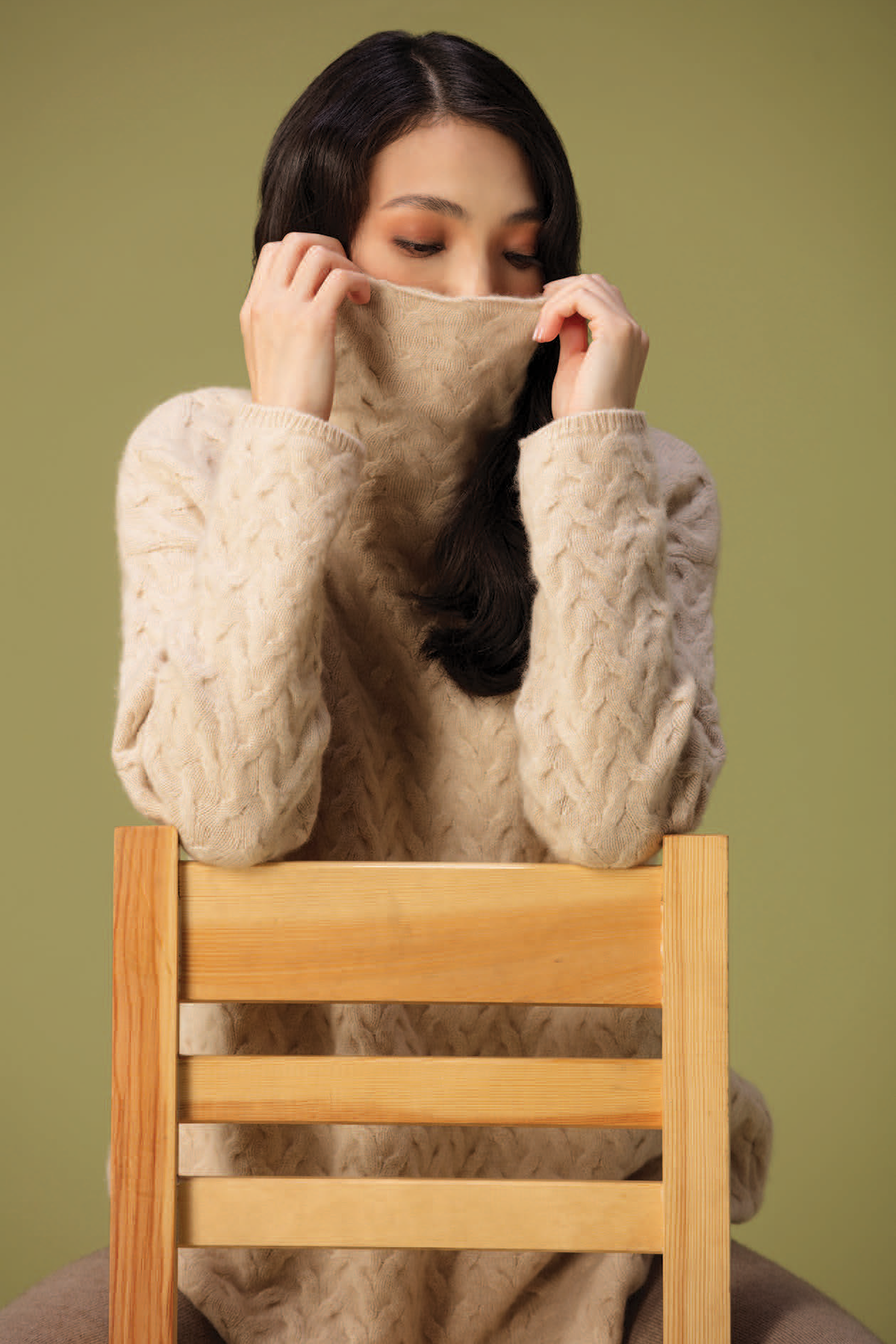 Long Hi-neck Pattern Knit Cashmere Cardigan
