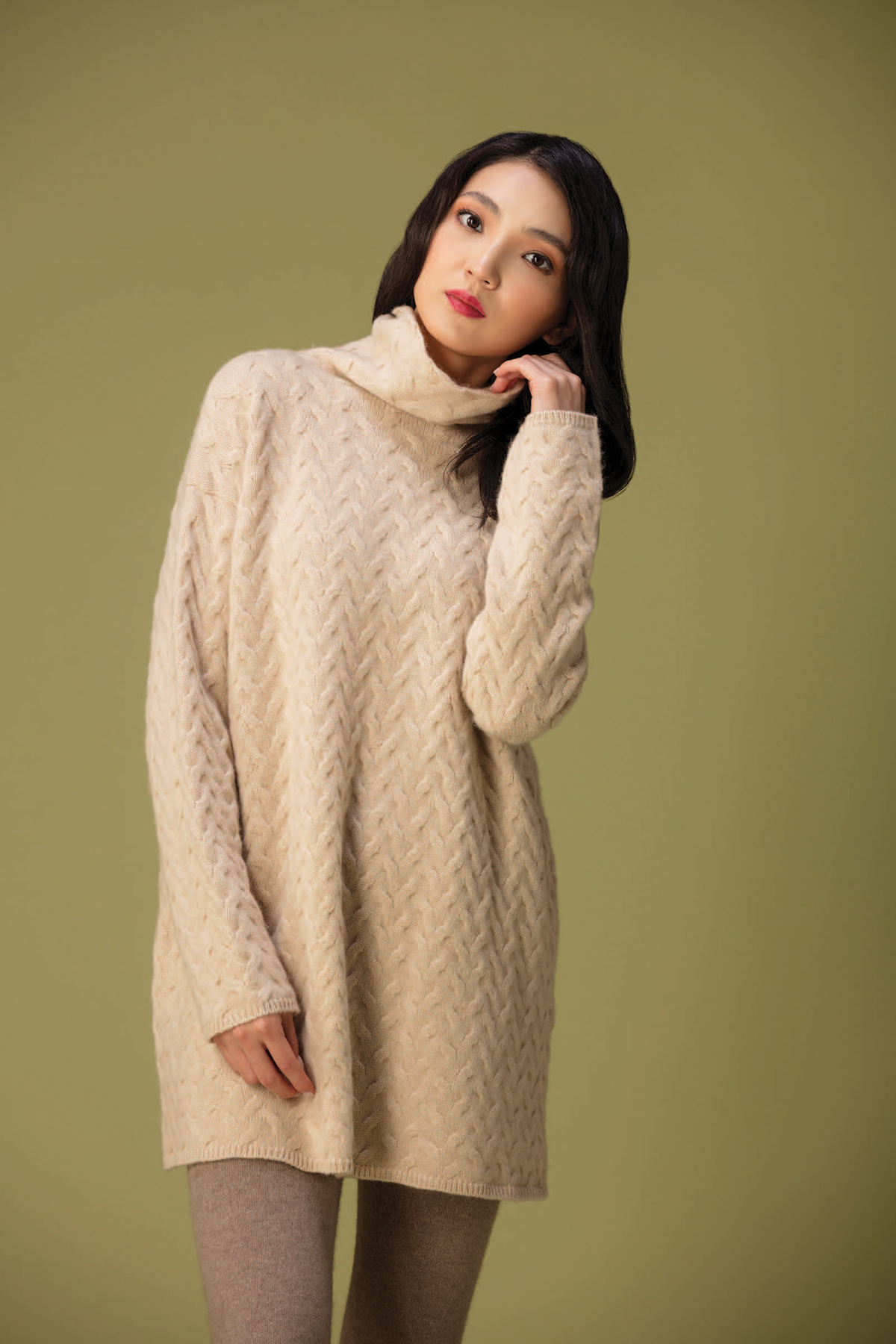 Long Hi-neck Pattern Knit Cashmere Cardigan